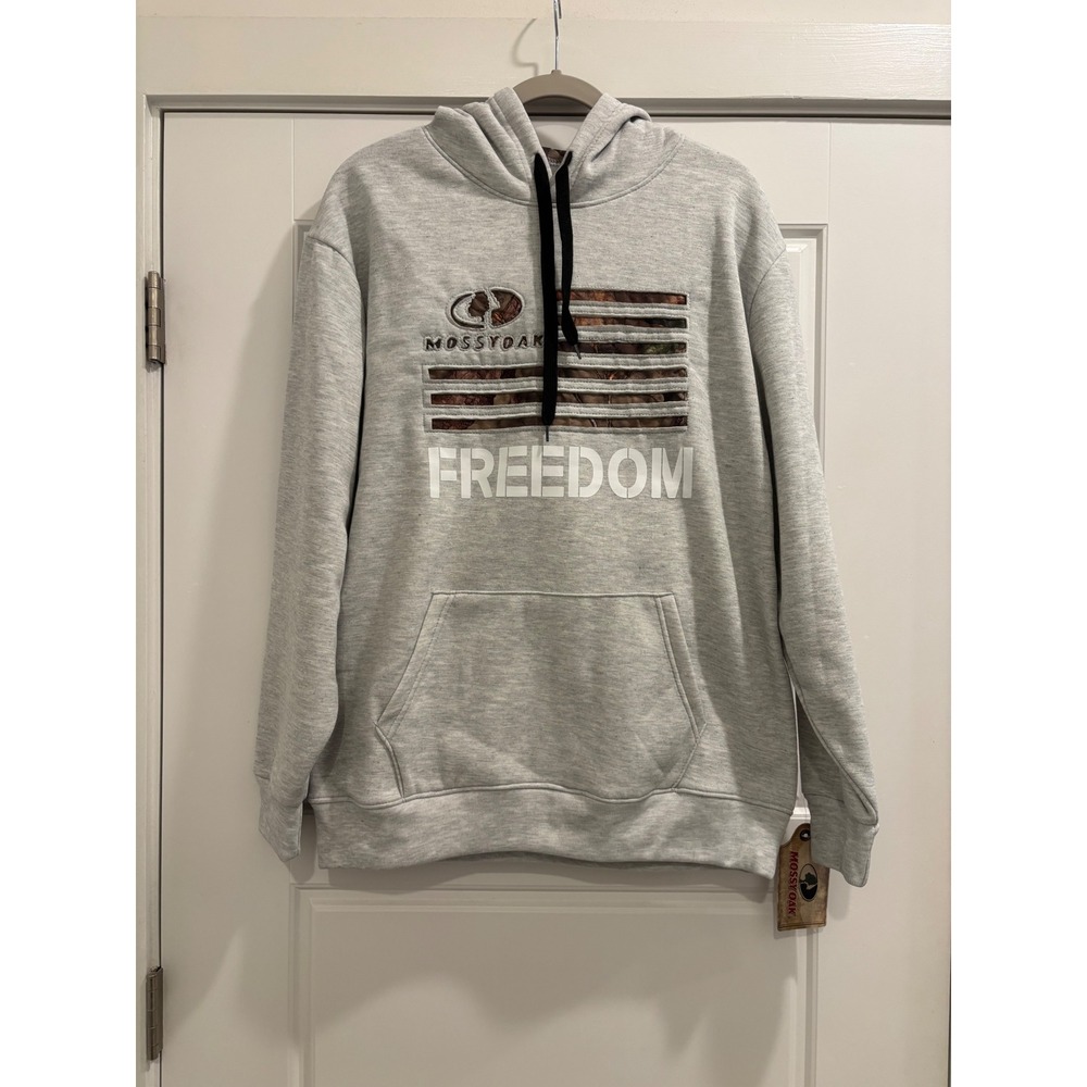 Mossy Oak Mens Freedom Hoodie Gray Camo Flag Fleece Sweatshirt Large NWT